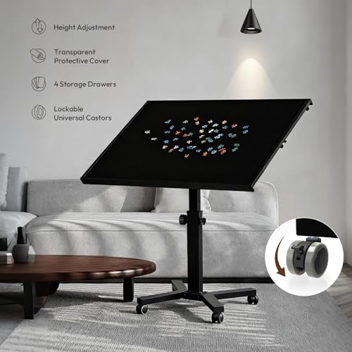 2000 Pieces Jigsaw Puzzle Table with Drawers & Legs, 41.34"x29.53" Metal Adult Puzzle Table (Stability Tested & Ergonomic), Adjustable Height & Tilt Angle, Wooden Puzzle Board with Wheels & Cover - color: Black（2000pcs）