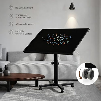 2000 Pieces Jigsaw Puzzle Table with Drawers & Legs, 41.34"x29.53" Metal Adult Puzzle Table (Stability Tested & Ergonomic), Adjustable Height & Tilt Angle, Wooden Puzzle Board with Wheels & Cover - color: Black（2000pcs）