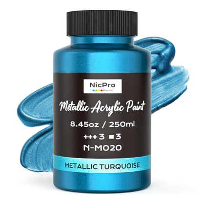 Nicpro Metallic Turquoise Acrylic Paint, 8.45oz/250ml Blue Craft Paint | Large, Non Toxic, Non Fading for Metal Wood Clay Fabric Canvas, Ceramic, Furniture, Handcrafts - color: Metallic Turquoise, size: 8.45 Fl Oz (Pack of 1)
