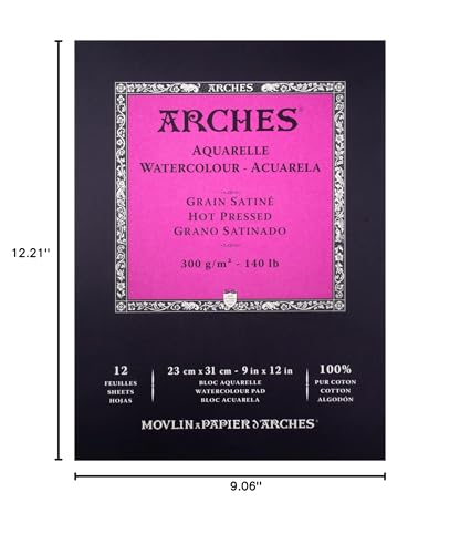 Arches Watercolor Pad 9x12 Inches 140lb/300gsm Hot Press, White - size: 9"x12", style: Hot Press