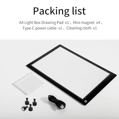 Light Box Drawing Pad A4, Tracing Board with Type-C Charge Cable and Brightness Adjustable for Artists, AnimationDrawing, Sketching, Animation, X-ray Viewing (A4-PS)