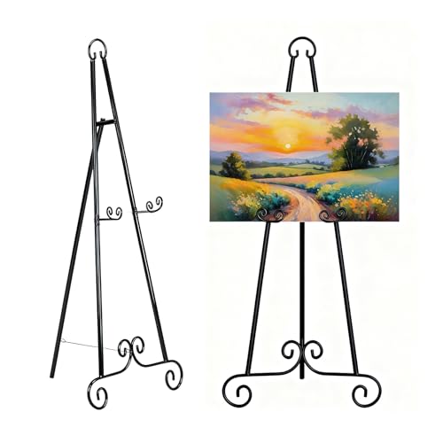 46" H Adjustable Metal Display Easel - Vintage Black Scroll Design, Rust-Proof Metal Stand for Showcasing Pictures, Artlork, Picture Frame and Wedding Signs