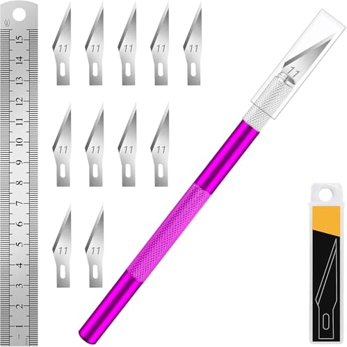 DIYSELF Craft Hobby Knife Set with 10 Extra #11 Blades, 6-Inch Metal Ruler | Exacto Knife for Crafting, Precision Cutting for Polymer Clay, Paper, Vinyl, Stencils & Models, Artists & Hobbyists, Purple - color: Purple