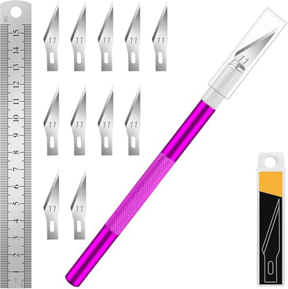DIYSELF Craft Hobby Knife Set with 10 Extra #11 Blades, 6-Inch Metal Ruler | Exacto Knife for Crafting, Precision Cutting for Polymer Clay, Paper, Vinyl, Stencils & Models, Artists & Hobbyists, Purple - color: Purple