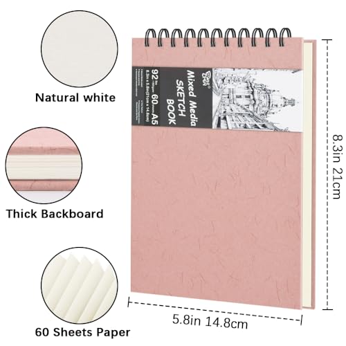 8.3" x 5.8" Hardcover Sketchbook, Top Spiral Bound Art Journal Sketchbook, 60 Sheets 92LB/150 GSM Acid-Free Drawing Neutral White Mixed Media Paper for Adults Beginners Artists.Pink - color: 150gsm-neutral white paper pink