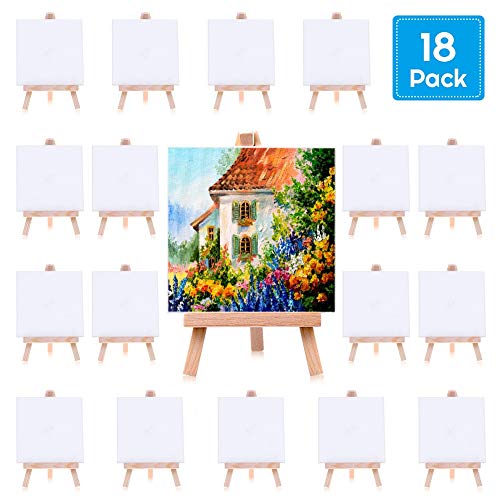 Mini Canvases 18 Pack, Cridoz Small Painting Canvas with Mini Easel 4x4 Inches Art Canvases Painting Kit for Adult Acrylic Pouring Oil Water Color