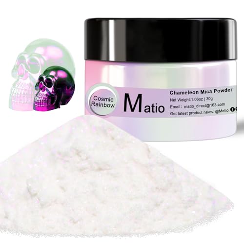 Matio Chameleon Mica Powder, 1.06oz/ 30g Cosmic Rainbow White Chrome Powder, Pearlescent Effect Color Shift Pigment for Resin Craft, Soap Candle Dye, Nail Art, Makeup, Bath Bomb,Paint,Slime Pigment | Pearlescent Effect Color Shift Pigment for Resin Craft,