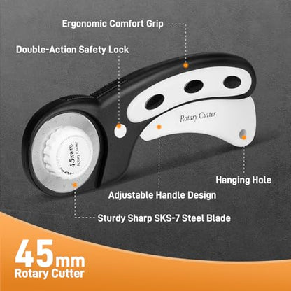 Teslong 45mm Rotary Cutter for Fabric, Extra 8pcs Replacement Blades | Ergonomic Handle Fabric Cutter Wheel with Safety Lock for Fabric, Leather, Crafting, Sewing, Quilting, Left & Right Hand