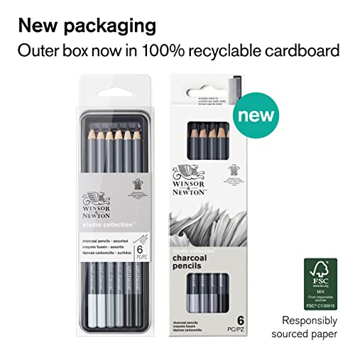 Winsor & Newton Studio Collection, 6 Count, Charcoal Pencils | Mixed Grade Charcoal Pencils, Wooden Barrels, On-The-Go Tin, High Quality Core Binder, Break-Resistant Cores & Points - style: 6 Charcoal Pencils