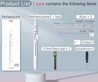 Cute Mechanical Pencil, Metal Grip, Refillable for School Supplies Kid Student Writing, Drafting Drawing Sketching, Mechanical Pencils Set with Lead Refills & Compass & Ruler & Eraser (White,1-PACK) - color: 1 Pack(White)
