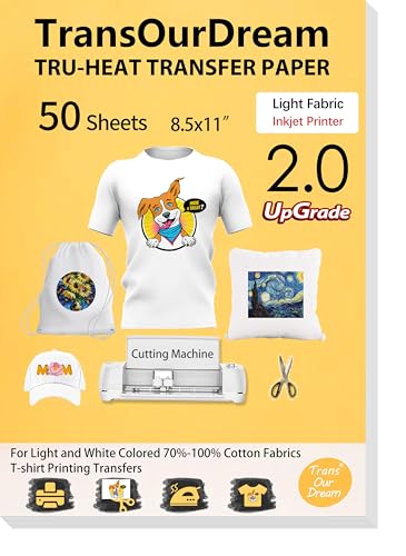 TransOurDream Upgraded Iron on Heat Transfer Paper for T Shirts (50 Sheets, 8.5x11") Iron on Transfers for Light Fabric Printable Heat Transfer Vinyl for Inkjet Printer (L2-50) - color: Light, size: 50 Sheets