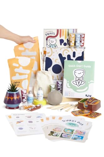 Pott'd Pottery Kit, Air Dry Clay Kit for Adults & Beginners | At Home Pottery Making Kit with Air Dry Clay, Tools, Paints, Brushes, Sealant and Step-by-Step Guide - style: Retro Paints