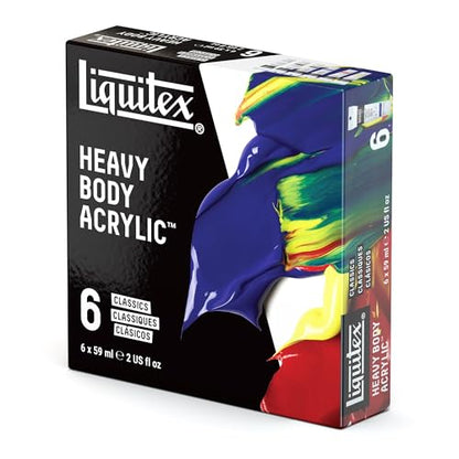 Liquitex Heavy Body Acrylic Paint Set, Classic 6 x 59ml (2-oz) Set | High Viscosity, Pigment Rich, Ideal for Impasto & Texture, Satin Finish, Permanent Color, Crisp Brush Strokes & Knife Marks - size: 12 Fl Oz (Pack of 1), style: Classic Set 6 x 59ml (2-o