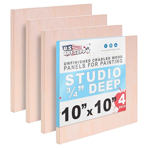 U.S. Art Supply 10" x 10" Unfinished Cradled Wood Panels for Painting, Studio 3/4" Deep (4 Pack) - Artist Depth Birch Wooden Wall Canvases - Mixed-Media Craft, Acrylic, Oil, Encaustic, Paint Pouring - size: 10" x 10", style: Square