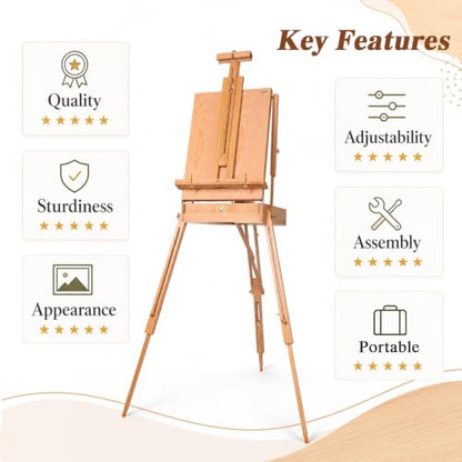 DJAR Beechwood French Easel with Shoulder Strap, Holds Canvas up to 34" - style: Natural French Easel