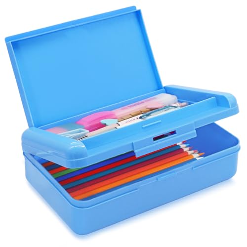 Plastic Hard Color Double Layer Cute Pencil Box Case For Girl Boy | Colored Kids Pen Case Box For Marker Crayon,School Office Art Supplies Storage Organizer Box,Medium Size(Blue) - color: Blue