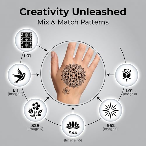 Henna Lotus Tattoo Templates Kit, 6 Sheets | 32pcs Patterns, Large Indian Arabian Flower Designs, Self Adhesive, For Hand Arm Body Art Paint