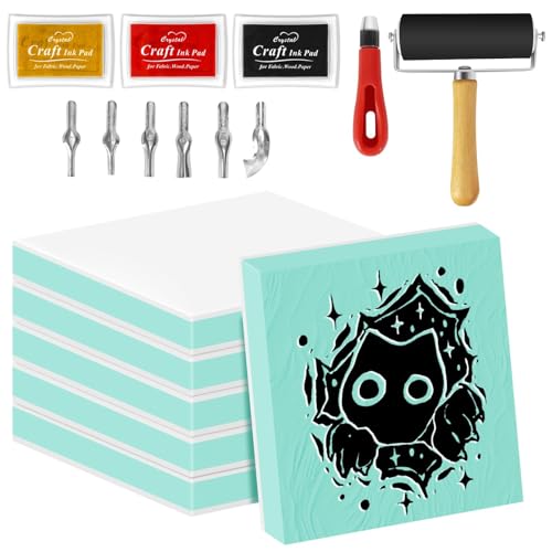 6pcs 2"x2" Rubber Carving Blocks, Linoleum Block Stamp Making Kit for Beginners - DIY Stamp Making, Printmaking Crafts (White & Green) - color: 6pack, size: 2"x2"