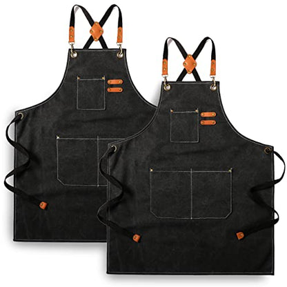 Tosewever 2 Pack Canvas Cross Back Chef Apron for Men Women with Pockets, Cotton Tool Aprons for Cooking Kitchen BBQ Artist - color: Black