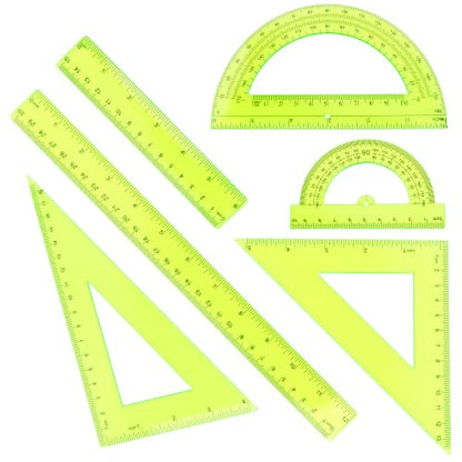 Plastic Clear Ruler Math Set - 6'' 12'' Transparent Straight Ruler, 4'' 6'' Protractor, 30/60 & 45/90 Triangle Ruler, Geometry Math Measuring Tool for School Home Office Drawing Teachers Kids Yellow - color: Yellow