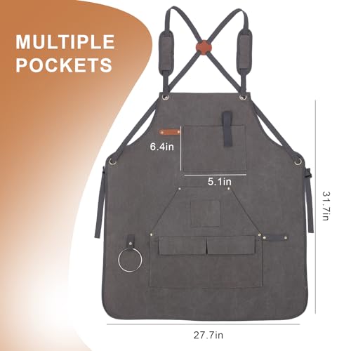 Men's Canvas Tool Apron, Heavy Duty Multi-Pocket Work Apron for Woodworking Gardening Bartender Adjustable Straps - color: Grey