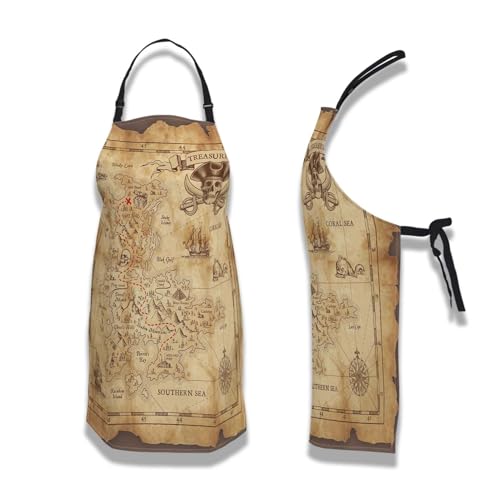 Baking Apron for Women Pirate Treasure Map Fun Aprons for Men for Kitchen Cooking Restaurant BBQ Painting Crafting 27” (W) x 31” (H), Waterproof Aprons - color: Pirate Treasure Map