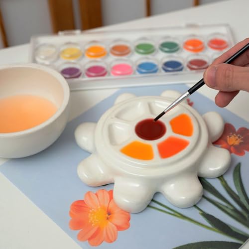 Octopus Ceramic Paint Palette with Lid, Removable Water Bowl, Cute Ocean