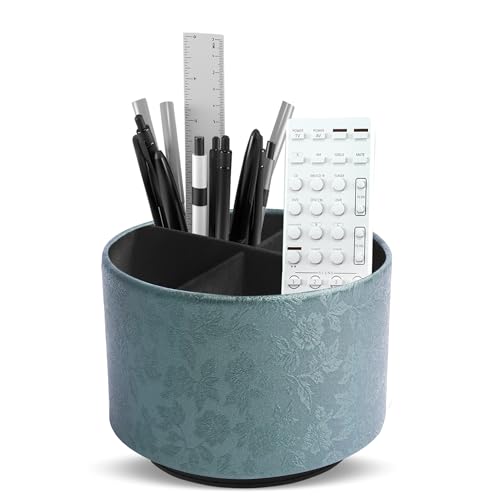 Round Leather Art Supply Organizer,Remote Control Holder,360 Degree Spinning,Multi-Functional Pencil Holder,4 Compartments Desktop Stationary Organizer(1-Liuli Green) - color: 1-Liuli Green
