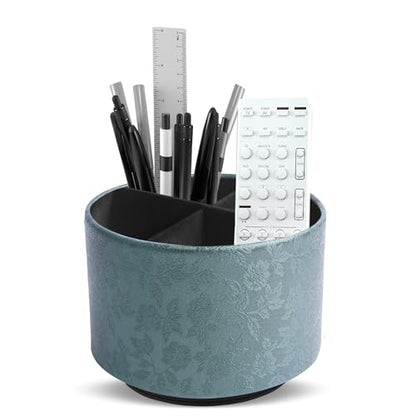Round Leather Art Supply Organizer,Remote Control Holder,360 Degree Spinning,Multi-Functional Pencil Holder,4 Compartments Desktop Stationary Organizer(1-Liuli Green) - color: 1-Liuli Green