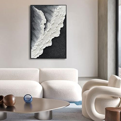 NANKAI Hand-Painted Thick Texture Black and White Abstract Canvas Art Ocean Wave Beach Landscape Oil Painting Home Wall Art Deco Oil Painting 24X36 Inches (with Solid Wood Exterior Frame) - color: Nkhb282