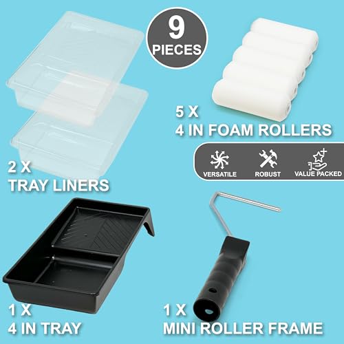 Allgala Foam Paint Roller Kit, 9 Pack 4 inch Mini High Density Foam Paint Roller Covers, Frame, Tray, for Trim Wall Funiture Doors Cabinets, Cupboards - size: 4" Foam (9 PC Set)