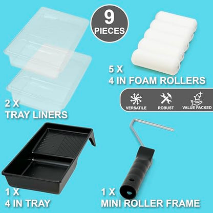 Allgala Foam Paint Roller Kit, 9 Pack 4 inch Mini High Density Foam Paint Roller Covers, Frame, Tray, for Trim Wall Funiture Doors Cabinets, Cupboards - size: 4" Foam (9 PC Set)