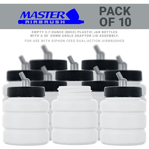 Master Airbrush (Pack of 10) TB-006 Empty 2.7-Ounce (80cc) Plastic Jar Bottles with 30° Down Angle Adaptor Lid Assembly - Fits Dual-Action Siphon Feed Airbrushes, Use with Master, Badger Paasche Iwata - size: 2.7oz - Plastic - 30°
