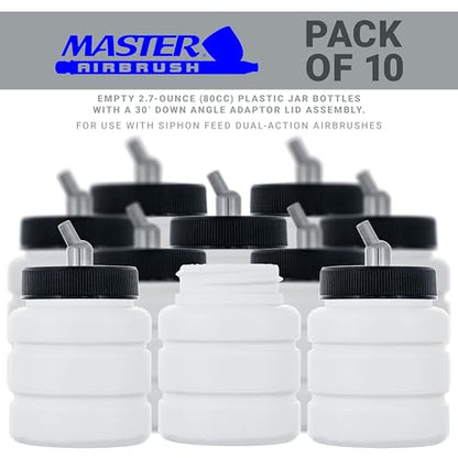 Master Airbrush (Pack of 10) TB-006 Empty 2.7-Ounce (80cc) Plastic Jar Bottles with 30° Down Angle Adaptor Lid Assembly - Fits Dual-Action Siphon Feed Airbrushes, Use with Master, Badger Paasche Iwata - size: 2.7oz - Plastic - 30°
