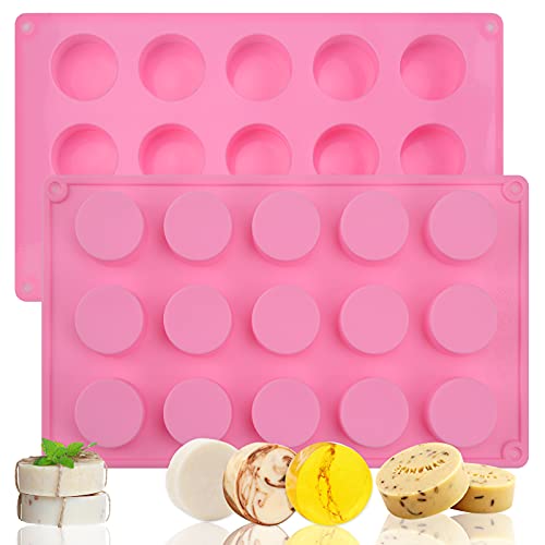 Sakolla 2 Pack Cylinder Silicone Soap Molds, 15 Cavity Mini Round Silicone Molds for Handmade Soap, Lotion Bars, Bath Bombs, Chocolate, Cake - color: Round/Pink
