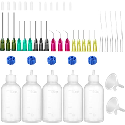 50ml Glue Precision Tip Applicator Bottle,Needle Tip Squeeze Bottle with 14ga 16ga 18ga 20ga 25ga Blunt Needle Oiler and Storage Caps - size: 50ml