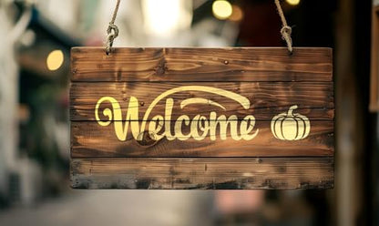 YKW Welcome Sign Stencils Set - 7 Reusable Smiley Paw Templates - Up to 14x5 - Welcome Words, Leaves, Pumpkin - for Porch, Door, Wood, Fabric - DIY Home Decor,Translucent and Soft - style: Welcome-1