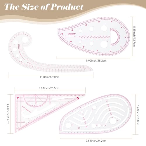 CINDALOG Clear Metric Sewing Ruler Set French Curve Pattern Ruler Kit for Beginners Tailors Designers Dress Makers Ruler Precision Quilting and DIY Supplies Perfect for Drawing, Craft, Sewing (4)