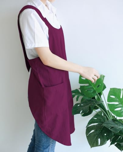 NEWGEM Japanese Cotton Linen Cross Back Cooking Apron for Women Men with Pockets Cute for Baking Kitchen - color: 09 - Women's Purplish-red