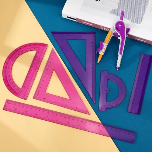 Zonon 1 Set Plastic Geometry Math Set 7 Pcs Includes 6'' / 4 '' Protractor, Drawing Compass, 45/60 Degree Triangle Rulers, 12'' / 6'' Math Ruler Transparent for Office Supplies(Purple) - color: Purple