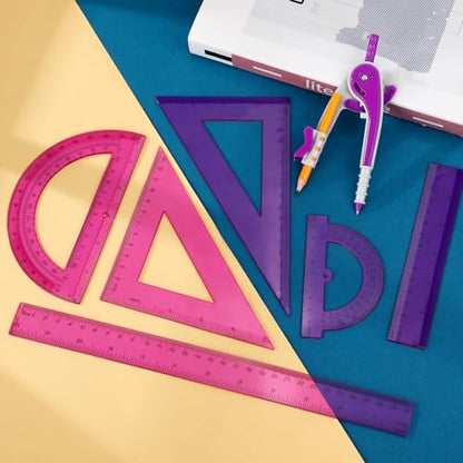 Zonon 1 Set Plastic Geometry Math Set 7 Pcs Includes 6'' / 4 '' Protractor, Drawing Compass, 45/60 Degree Triangle Rulers, 12'' / 6'' Math Ruler Transparent for Office Supplies(Purple) - color: Purple