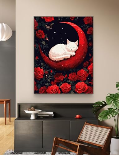 Paint by Numbers Kit for Adults Beginner Animal,Moon Flowers Cat,16x20" | Full set with wooden brushes,rolled canvas,rich paints.Calming activity.Beginner friendly.Just open and paint. - color: 16"X20"Rolled Canvas(Frameless)-Cat 15