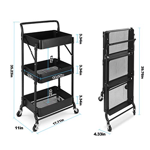Foldable 3 Tier Metal Utility Rolling Cart, Folding Mobile Multi-Function Storage Trolley Organizer Cart for Home Library Office(Black) | Collapsible Rolling Storage Cart with 3 Hanging Cups, Folding Storage Trolley Organizer Cart for Home Office Kitchen(