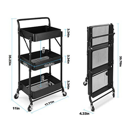 Foldable 3 Tier Metal Utility Rolling Cart, Folding Mobile Multi-Function Storage Trolley Organizer Cart for Home Library Office(Black) | Collapsible Rolling Storage Cart with 3 Hanging Cups, Folding Storage Trolley Organizer Cart for Home Office Kitchen(