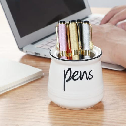 ONTUBE Porcelain Pens Holder Stand ,Ceramic Pencils Holder (White) | Porcelain, ceramic, pen & pencil holder, sturdy, easy-clean, non-slip, compact, elegant, durable, versatile, white, modern - color: White