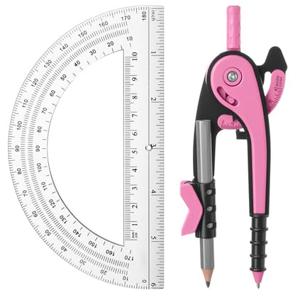 EBOOT Student Geometry Math Set, Drawing Compass and 6 Inch Clear Swing Arm Protractors 180 Degree Math Protractor(Pink) - color: Pink