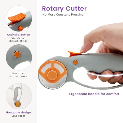 Daily Treasures 45mm Rotary Cutter Set with 5pcs Blades (Straight,Wave,Dot), No Constant Pressing Steel Rotary Fabric Cutter, Sewing Supplies Kit Includes A3 Cutting Mat, Acrylic Ruler, Seam Roller