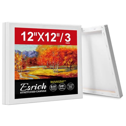 ESRICH Stretched Canvas for Painting 12x12 Inch, 3 Pack Square Painting Canvas -5/8 in Profile Primed Cotton White Blank Canvases for Painting for Oil & Acrylic Paint - size: 12x12in
