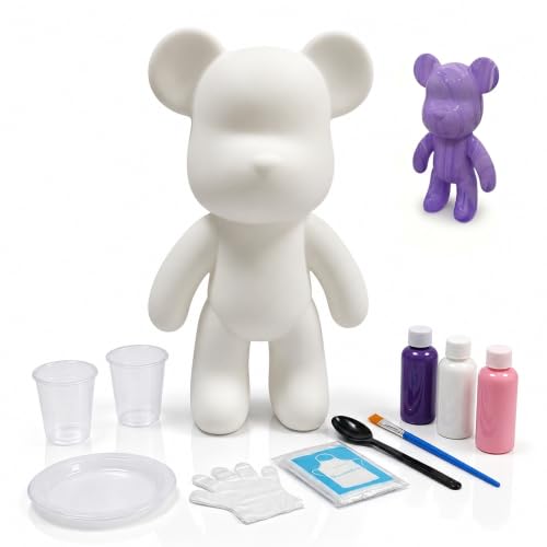 YONXID DIY Fluid Bear Painting Kit - Fluid Art Pour Paint Bear Set - Full Drip Paint Bears Kit with Spill Tray & Apron for Family Activity, Date Night, Holiday Gifts, 9.05 in, White+Purple+Pink - color: white+purple+pink(Easy DIY)