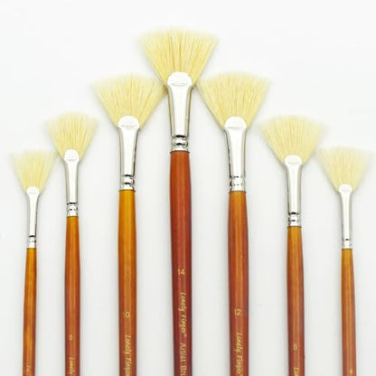 Artist Fan Paint Brushes Set, 7 Pieces White Hog Bristle Natural Hair Anti-Shedding Brush Tips and Long Wood Handle, Professional Artist Fan Brushes for Acrylic Oil Painting